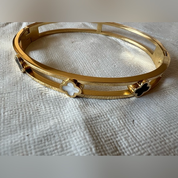 Gold-Tone Hinged Bracelet with Enamel and White Flower Accent - Picture 2 of 6